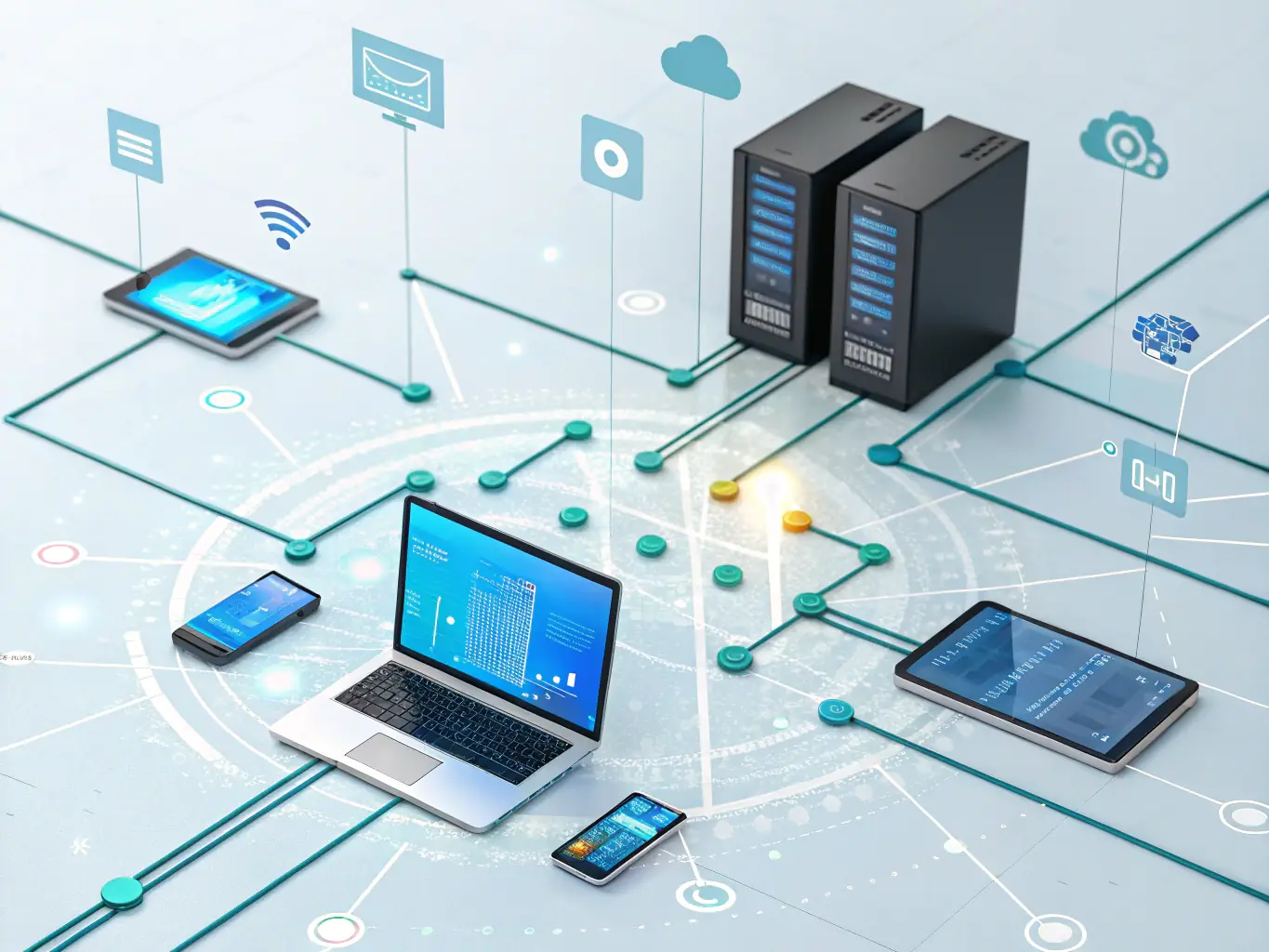 An abstract graphic representing data flowing through interconnected systems, highlighting the seamless integration capabilities of Genesisia ERP with other business tools.