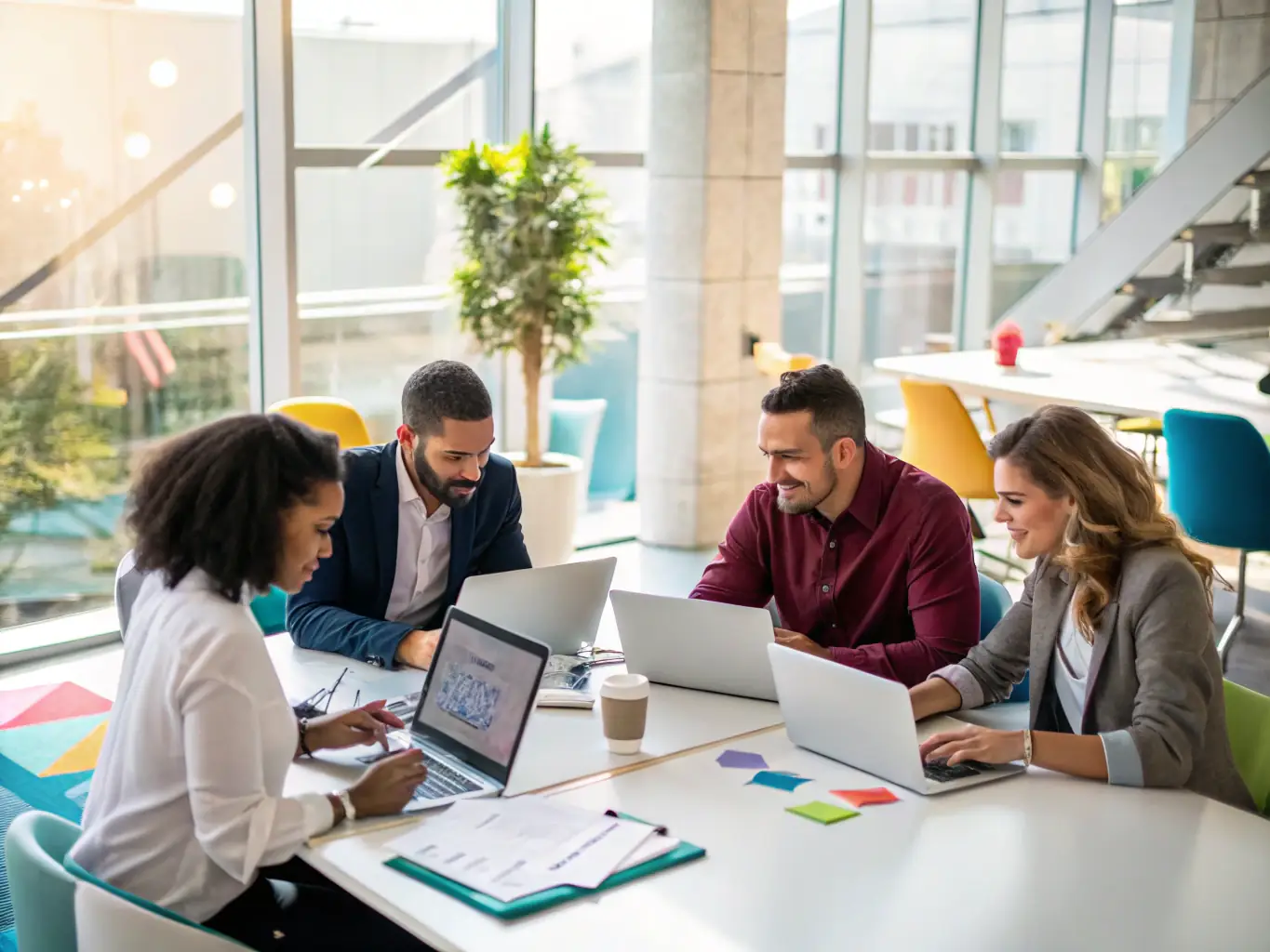 An image showcasing a diverse team of Brazilian professionals collaborating in a modern office environment, using Genesisia on their devices to manage various aspects of their business operations.