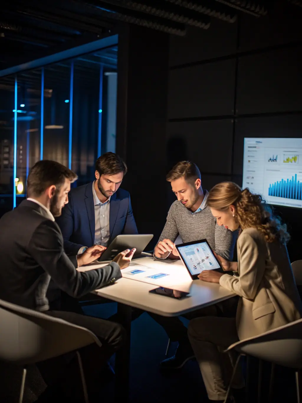 A dynamic image of a sales team collaborating on strategies using Genesisia's CRM module on tablets and laptops.