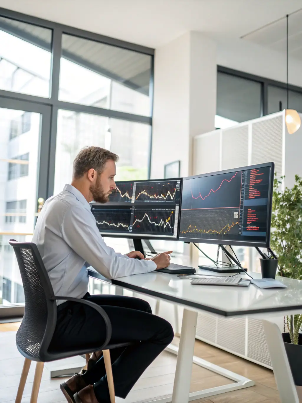 A professional photograph of a financial analyst reviewing reports on a computer screen, highlighting Genesisia's finance module.