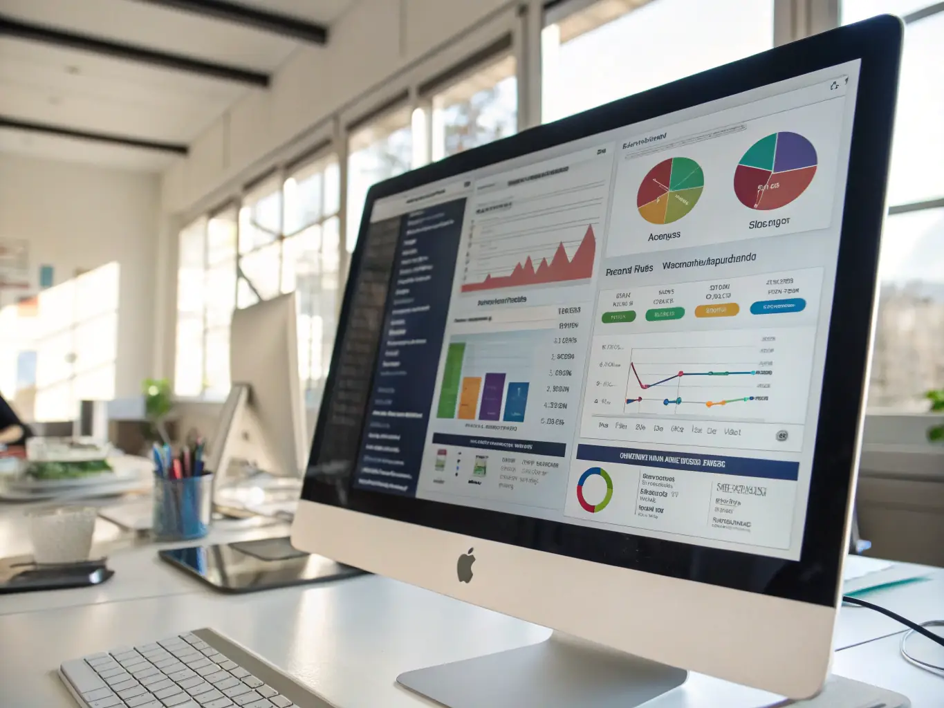A clean, modern interface of the Genesisia ERP system, showcasing its user-friendly dashboard with key performance indicators and real-time data visualizations, set in a brightly lit office environment.