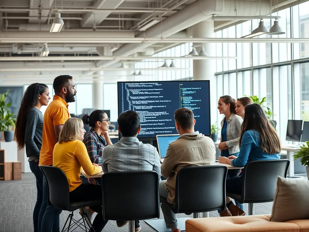A diverse team of IT professionals collaborating on the Genesisia ERP system, showcasing its open-source nature and the community-driven development process, with lines of code and collaborative tools visible on their screens.